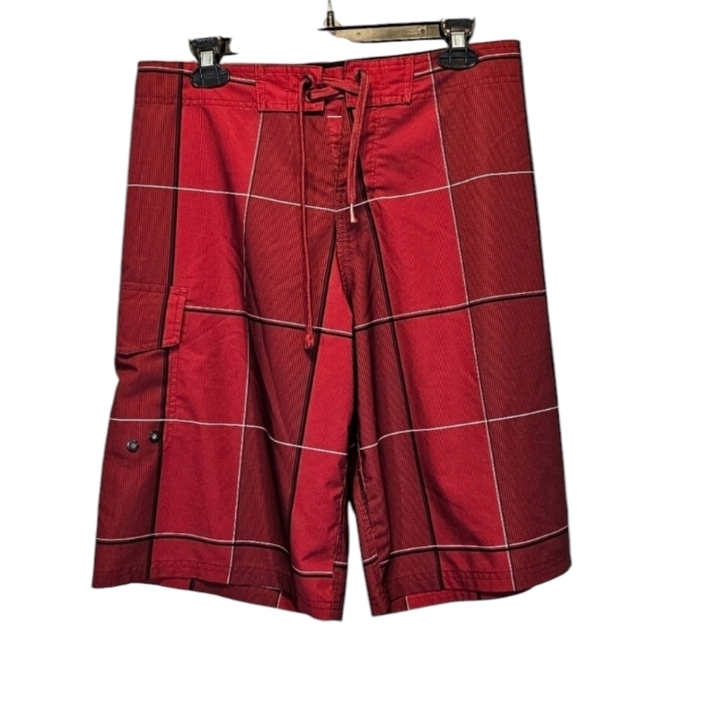 OP Opflex 4 way Stretch Swim Shorts Red Stripped 91% Polyester 9% Spandex Sz 30